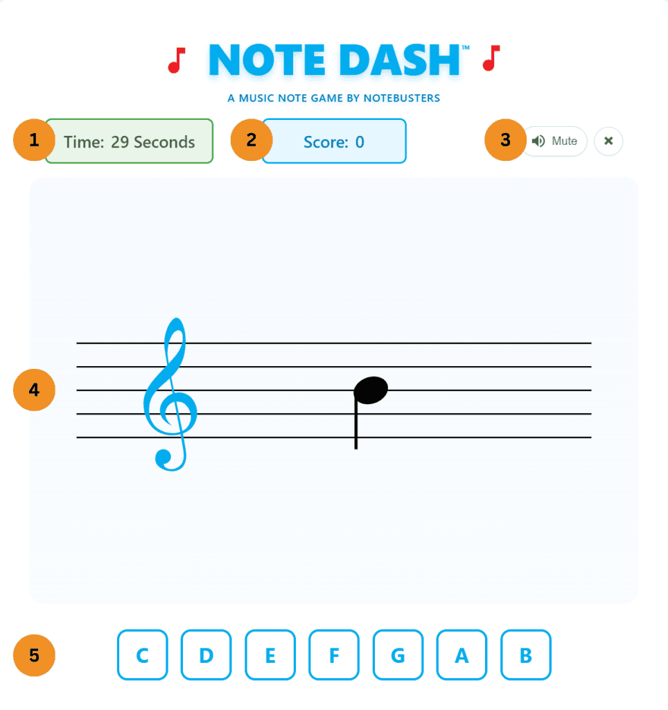 Note Dash gameplay screen showing music note identification controls