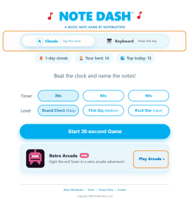 Note Dash game mode selection screen with Classic, Keyboard, and Retro Arcade