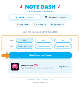 Note Dash timer and difficulty selection screen